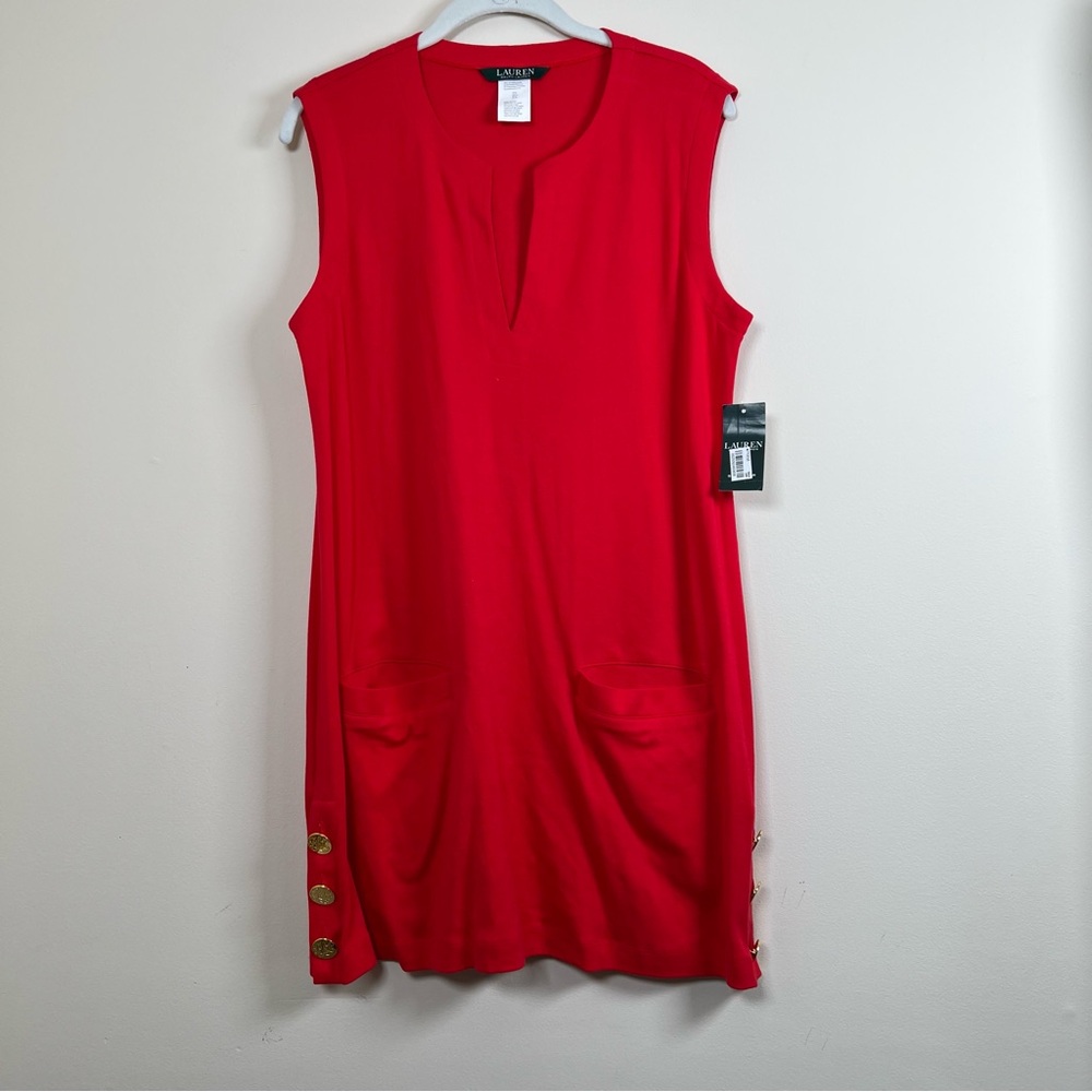 Lauren Ralph Lauren Red Shirt Dress‎ Gold Buttons Sleeveless V Neck NWT Small